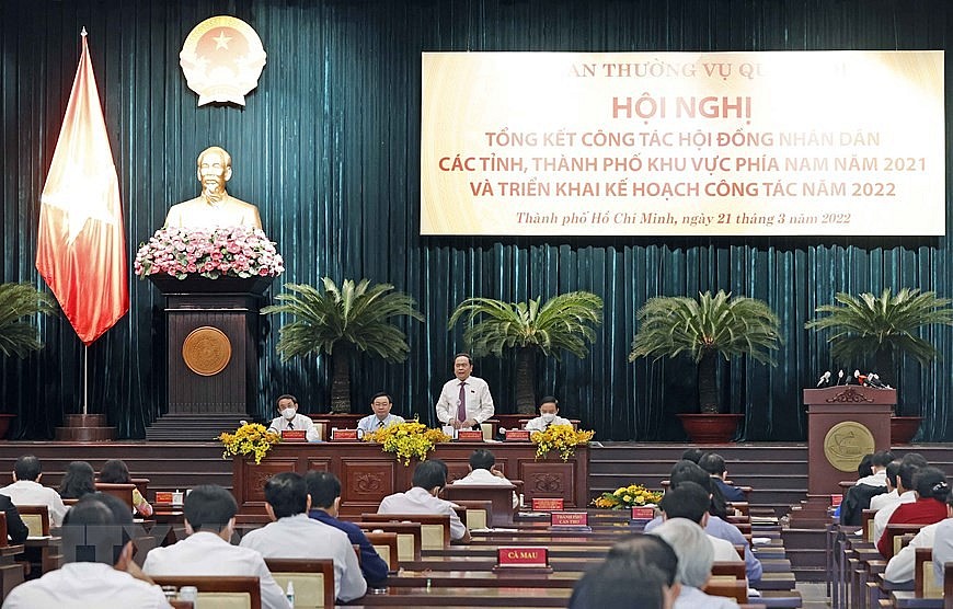 Hình ảnh Chủ tịch Quốc hội Vương Đình Huệ chủ trì Hội nghị tổng kết công tác hội đồng nhân dân các tỉnh, thành phố khu vực phía Nam