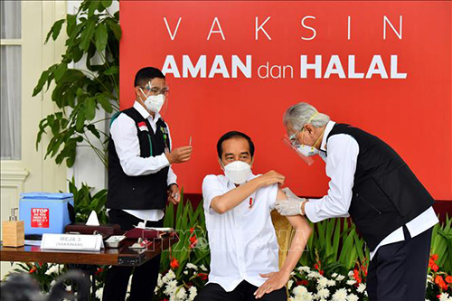 Tổng thống Indonesia Joko Widodo (giữa) được tiêm vaccine ngừa COVID-19