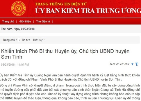 Quảng Ngãi kỷ luật Chủ tịch UBND huyện Sơn Tịnh