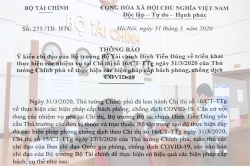 Bộ Tài chính tập trung thực hiện các biện pháp phòng, chống dịch Covid