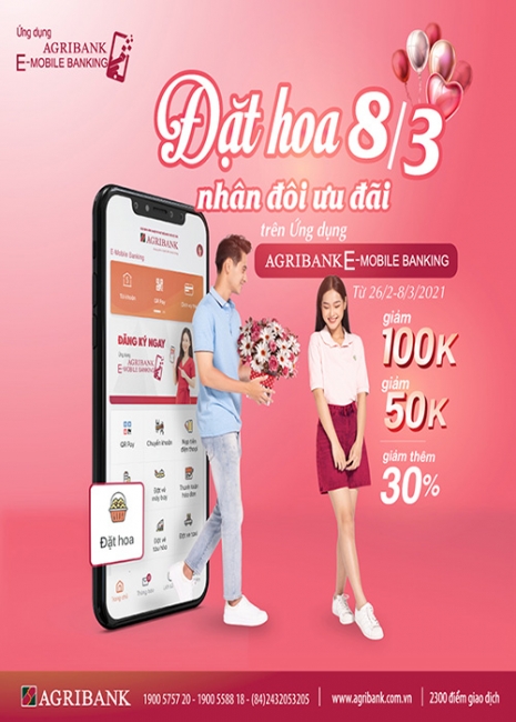 ‘Đặt hoa 8/3 – Nhân đôi ưu đãi’ trên ứng dụng Agribank E-Mobile Banking