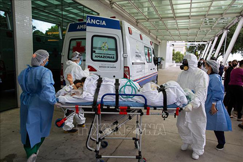 Nhân viên y tế chuyển bệnh nhân COVID-19 tới bệnh viện tại Manaus