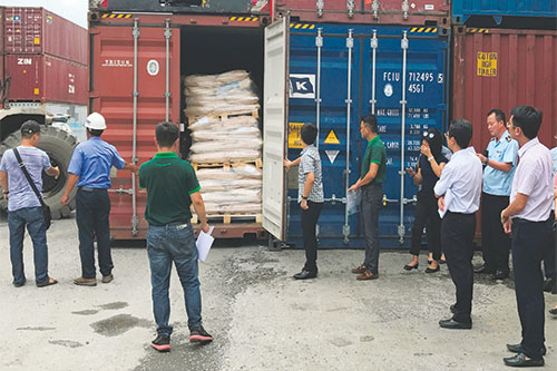 Lực lượng hải quan thực hiện kiểm tra thực tế hàng nhập khẩu tại cảng Hải Phòng.