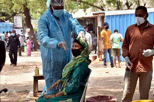 Nhân viên y tế lấy mẫu xét nghiệm COVID-19 cho người dân tại Hyderabad