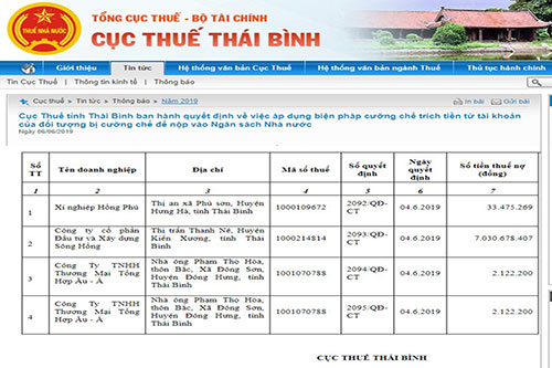 Cục Thuế Thái Bình ban hành hàng loạt quyết định cưỡng chế thu nợ thuế