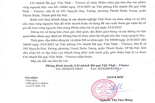 chi nhanh da quy viet nhat vimico thong bao phien chao he so gia tieu thu vang nguyen lieu
