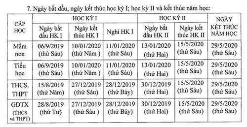 lịch năm học mới