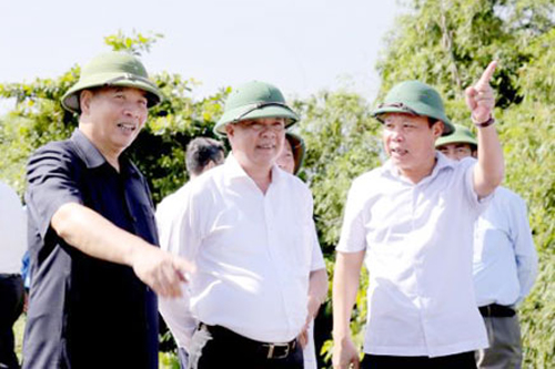 Bộ trưởng Bộ Tài chính Đinh Tiến Dũng (đứng giữa) và lãnh đạo tỉnh Hải Dương kiểm tra 2 tuyến đe