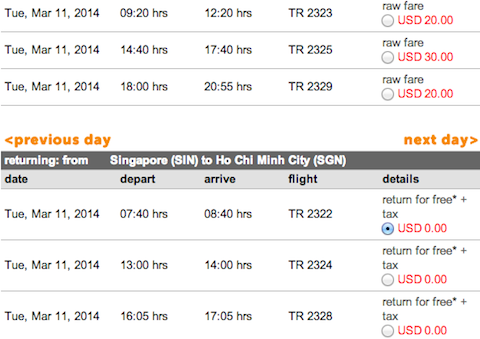 Bngr giá vé 0 USD đi Singapore chiều về của Tiger Air