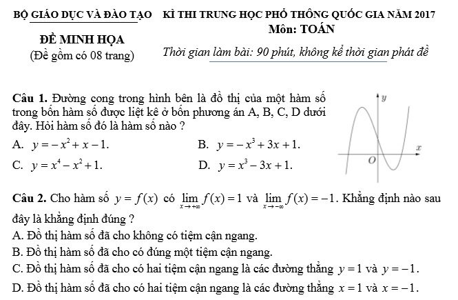 Công bố đề thi minh họa kỳ thi THPT quốc gia 2017