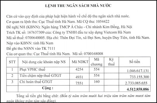 Hà Nam: Cưỡng chế tài khoản thu hồi 4,5 tỷ đồng tiền thuế nợ