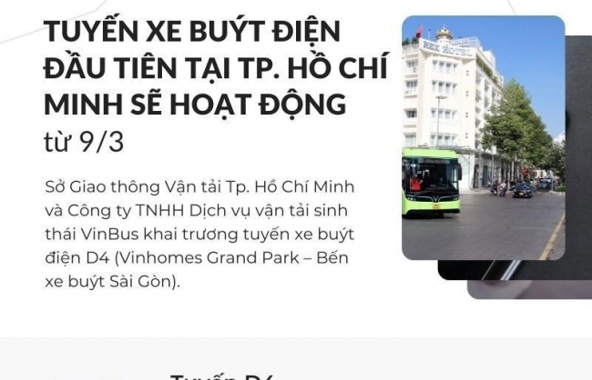 Tuyến xe buýt điện đầu tiên tại TP Hồ Chí Minh hoạt động từ 9/3